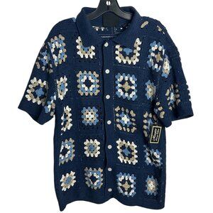 Massive Luxury Edition Men's Crochet Knit Button Shirt Navy Size M New